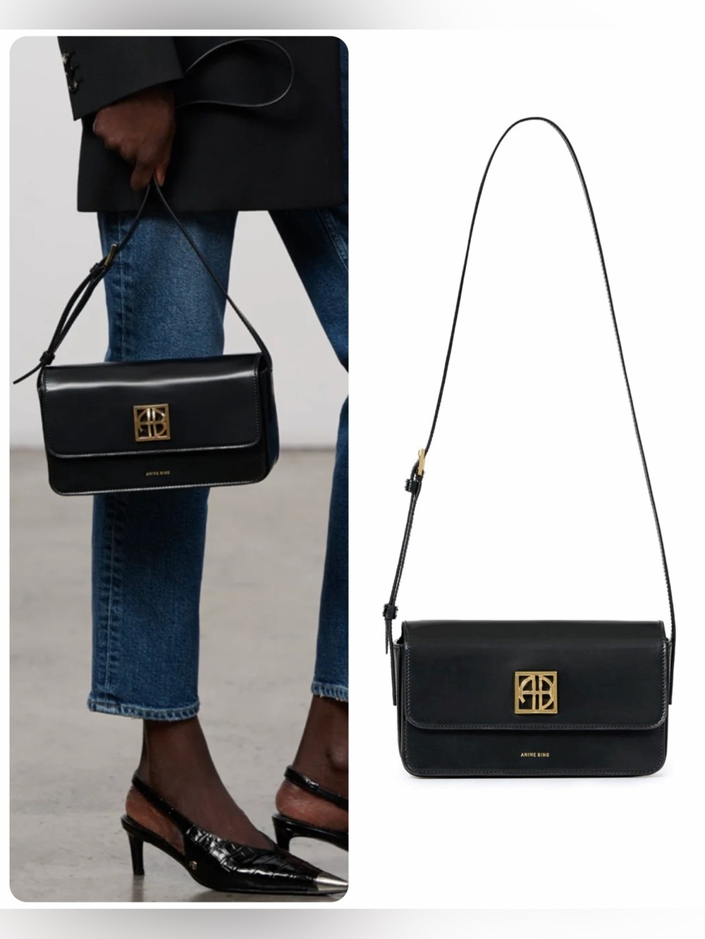 Anine Bing Elly Black leather logo shoulder bag purse